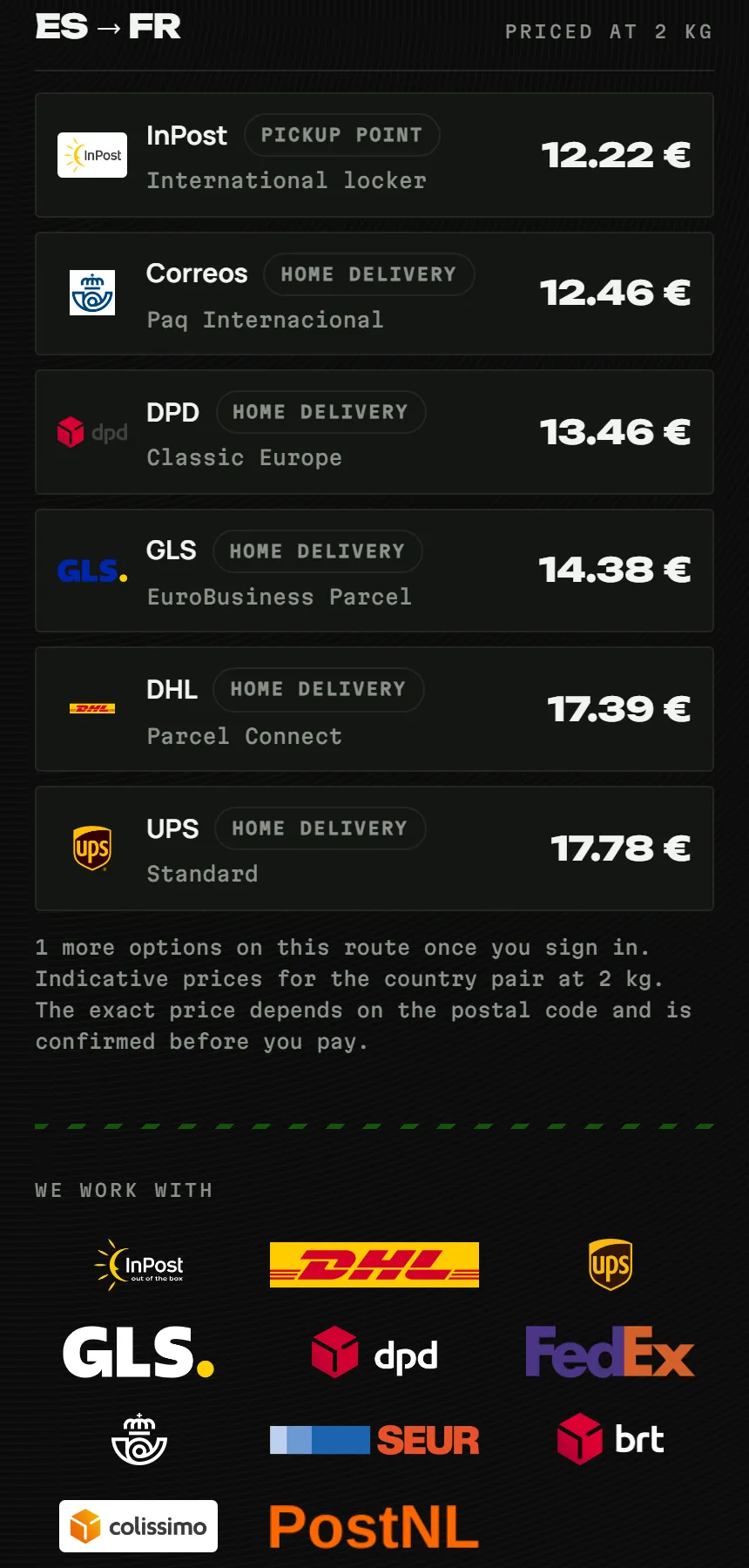 A quote from the front page: real carriers, prices generated for the demo.