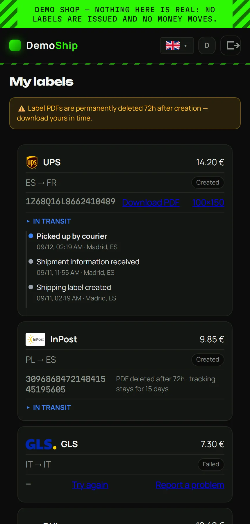 Tracking that advances on its own, as a real customer would see it.